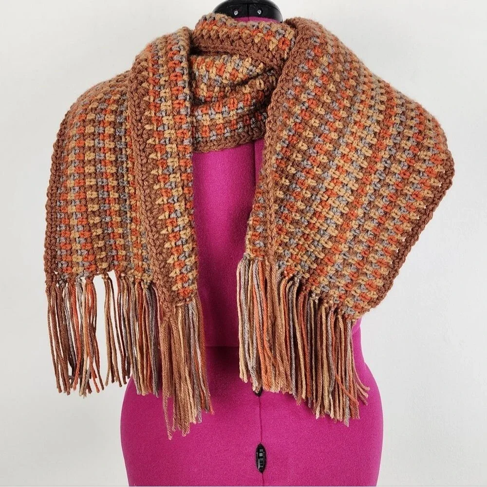New Handmade Crochet Scarf Fringe Orange Brown Earth Tones Boho Wrap
